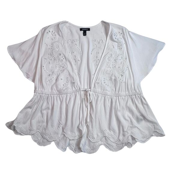 Torrid Cardigan Women 0X White Eyelet Challis Tie Front Third Piece Boho Duster - Picture 5 of 9